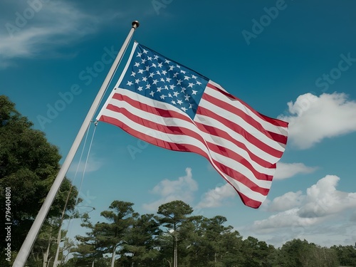 American flag in the wind blue sky