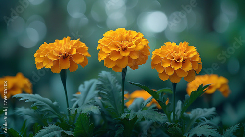 Yellow marigolds in a flower bed with green leaves and stems