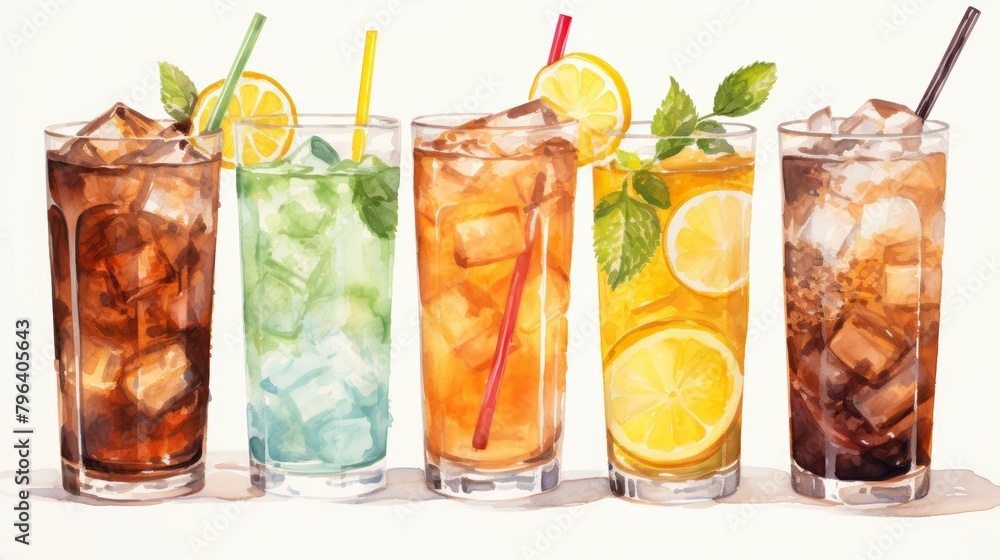 Watercolor-style depiction of refreshing summer beverages--lemonade, iced coffee, and assorted cocktails--presented against a stark white canvas Watercolor-style depiction of refreshing summer beverages--lemonade, iced coffee, and assorted cocktails--presented against a stark white canvas