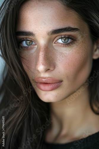 a closeup shot of a spanish fashion model looking at camera with eye lashes lipstick full makeup  © Nica