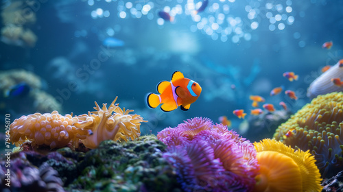 A colorful fish is swimming in a tank with other fish and plants photo