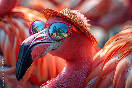 A pink flamingo wearing sunglasses and a hat, surrounded by other flamboyant birds. Created with Ai