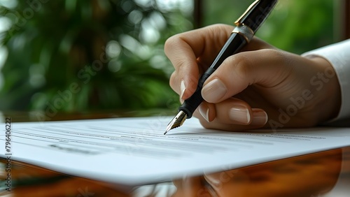 Person signing document with pen: Symbolizing the importance of paperwork. Concept Business deals, Contract signing, Legally binding agreements, Professional documents, Official paperwork