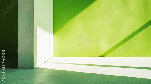 Aesthetic modern architecture background with pastel green geometric lines  strong shadows. Generative AI