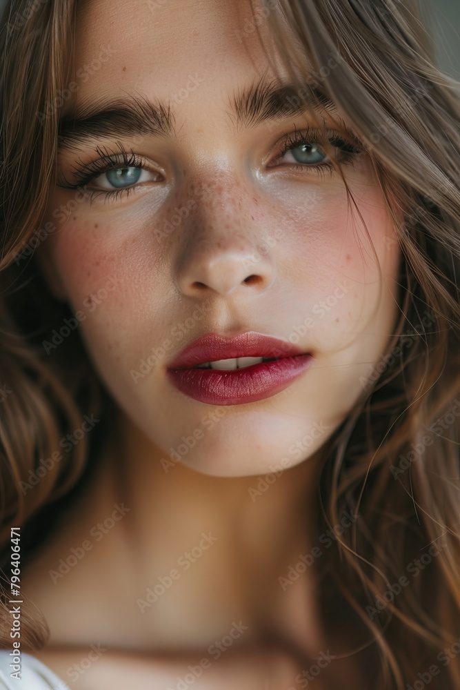 a closeup shot of a spanish fashion model looking at camera with eye lashes lipstick full makeup volume of hair straight face looking at camera smiling, a closeup shot of a spanish fashion model looking at camera with eye lashes lipstick full makeup volume of hair straight face looking at camera smiling,