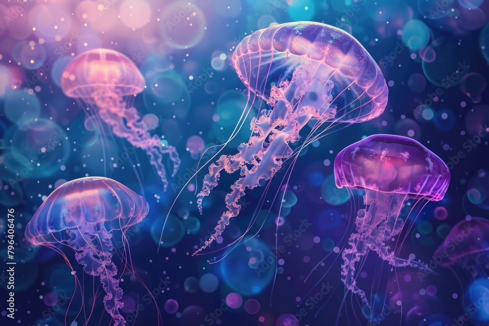 A group of jellyfishs floating in the water. Suitable for marine life concepts A group of jellyfishs floating in the water. Suitable for marine life concepts
