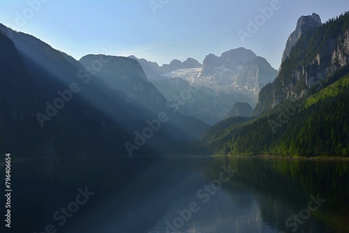 View of Gossausee. Reflection of the mountains in the lake. Austria, Europe. 