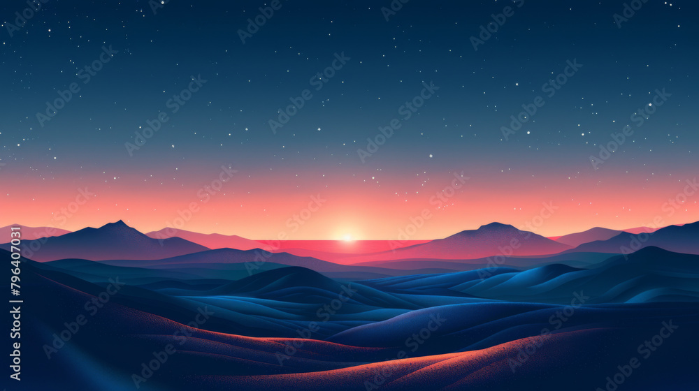 A tranquil landscape featuring a night sky full of stars transitioning to the warm glow of sunrise over undulating hills.