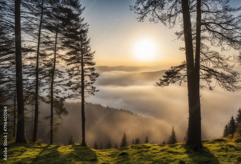 Breathetaking wonderful view at the black forest in Germany at foggy morning hour Breathetaking wonderful view at the black forest in Germany at foggy morning hour