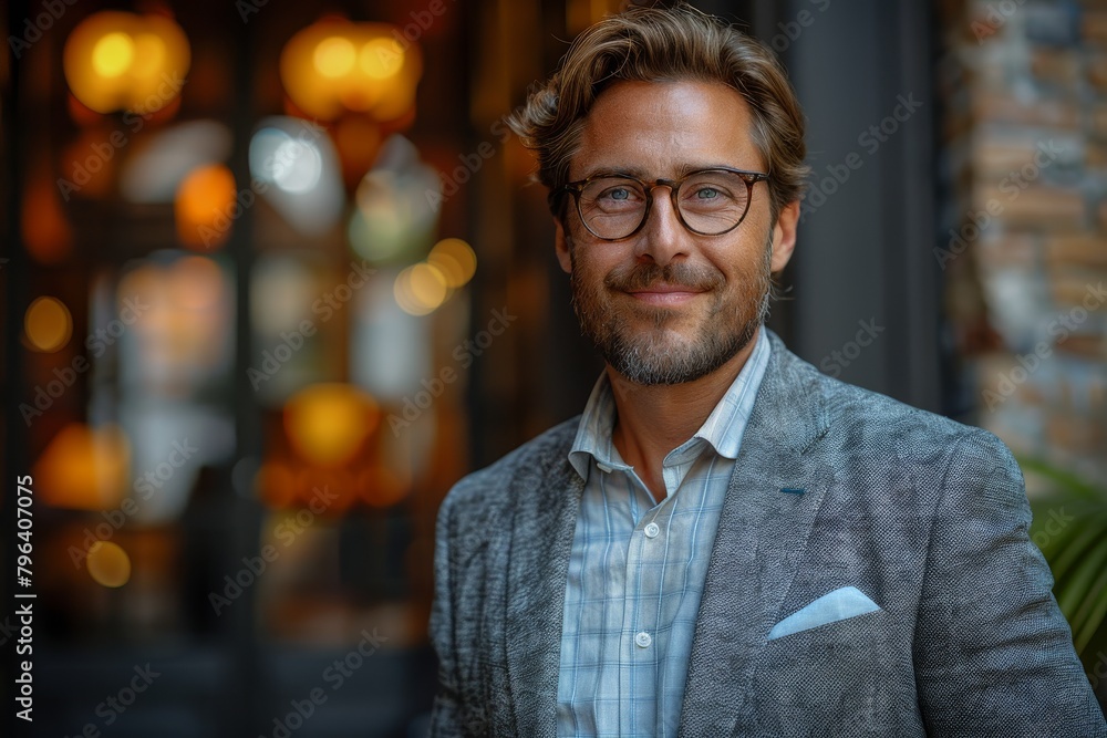 Confident man in a sophisticated suit and glasses smirking outdoors Confident man in a sophisticated suit and glasses smirking outdoors