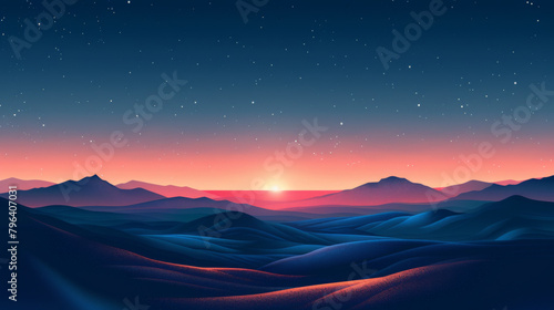 A tranquil landscape featuring a night sky full of stars transitioning to the warm glow of sunrise over undulating hills.