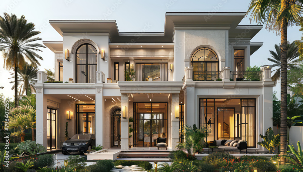 3D rendering of a luxurious two-story villa with large arched windows. Created with Ai