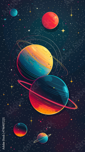 Digital artwork of an abstract planetary system featuring colorful planets against a dark starry background.