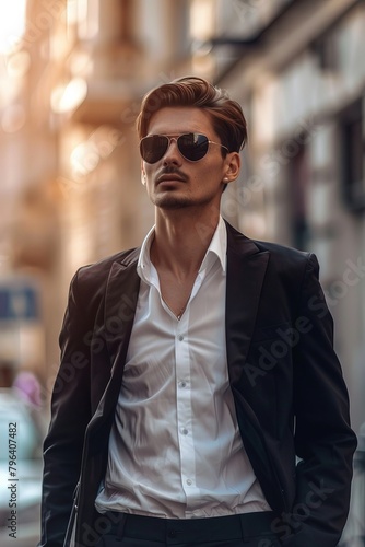 A handsome 20-year-old man wearing black sunglasses is walking on the street, dressed in a suit,Frontal photo,with exquisite light and shadow skin,  © Nica