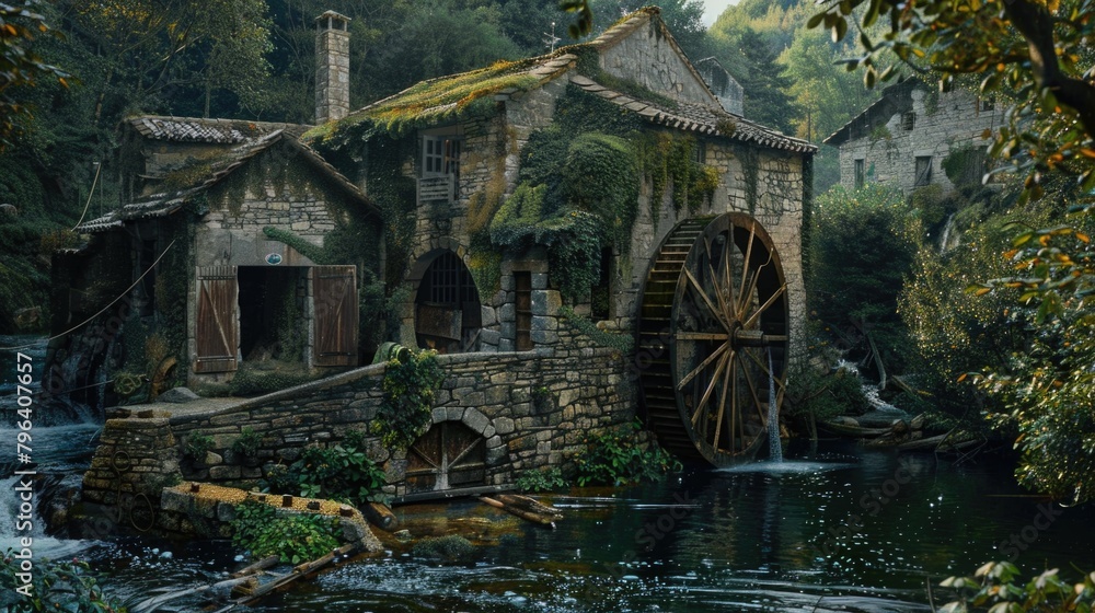 Scenic painting of a water mill in the woods. Ideal for nature lovers and landscape enthusiasts Scenic painting of a water mill in the woods. Ideal for nature lovers and landscape enthusiasts