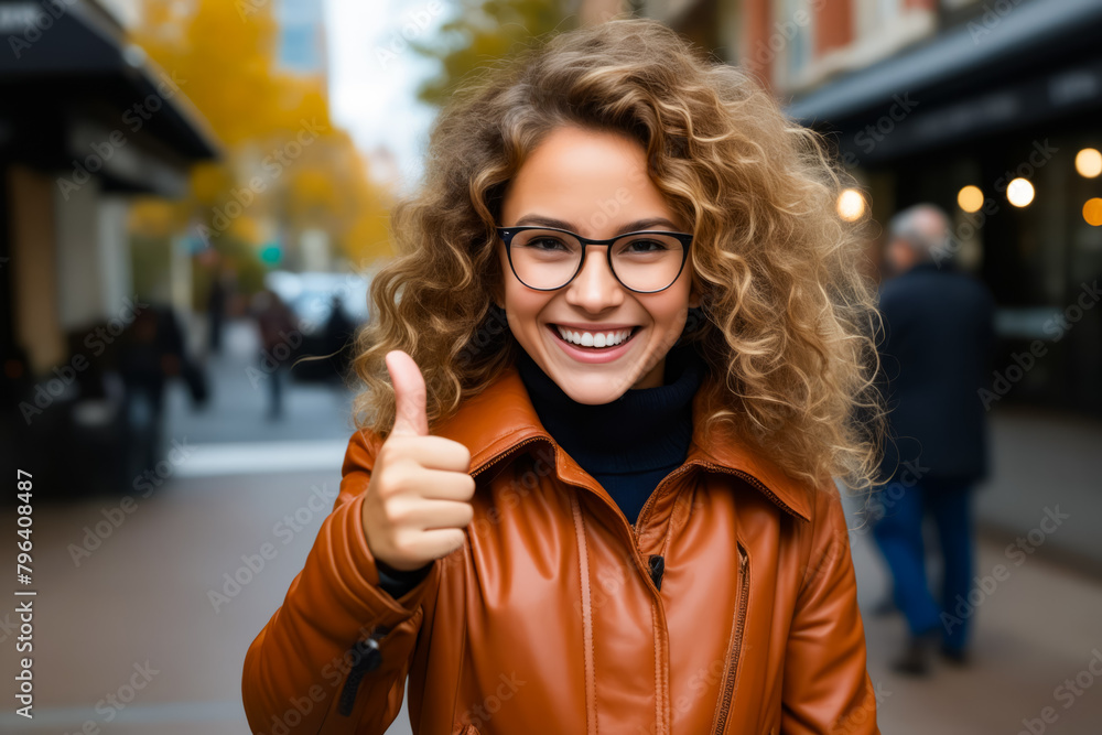 Woman with glasses giving thumbs up sign on street.