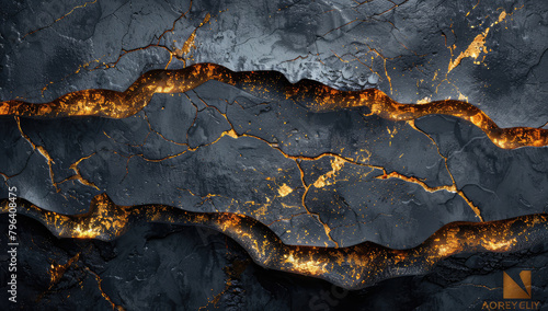  top down view of black marble with golden veins, glowing gold cracks, dark fantas. Created with Ai