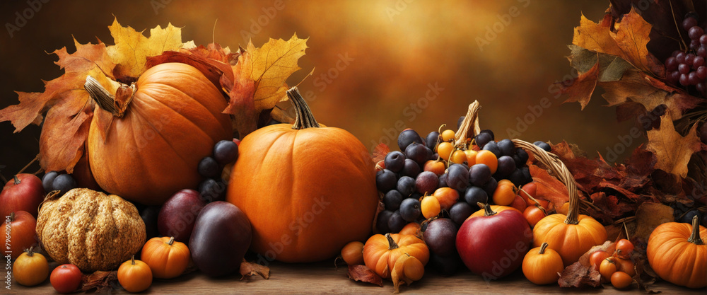 The beautiful and autumnal atmosphere, pumpkins grapes and more fruits, Thanksgiving Banner The beautiful and autumnal atmosphere, pumpkins grapes and more fruits, Thanksgiving Banner