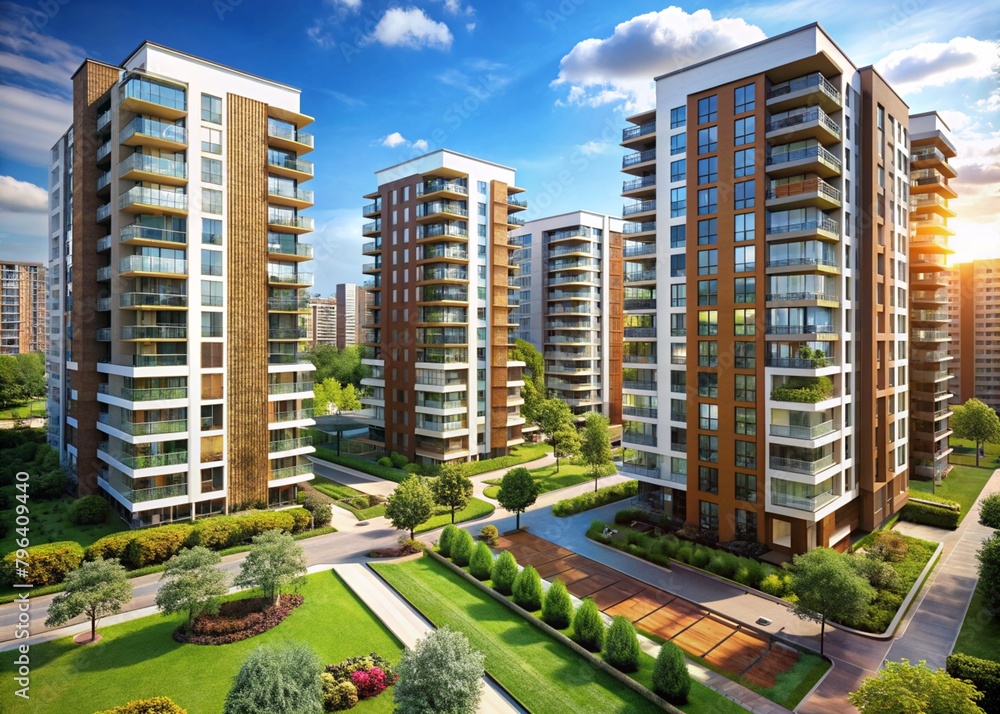 Modern high-rise residential buildings. Construction of new residential areas. New buildings. The construction business. Mortgage for new eco-friendly housing.