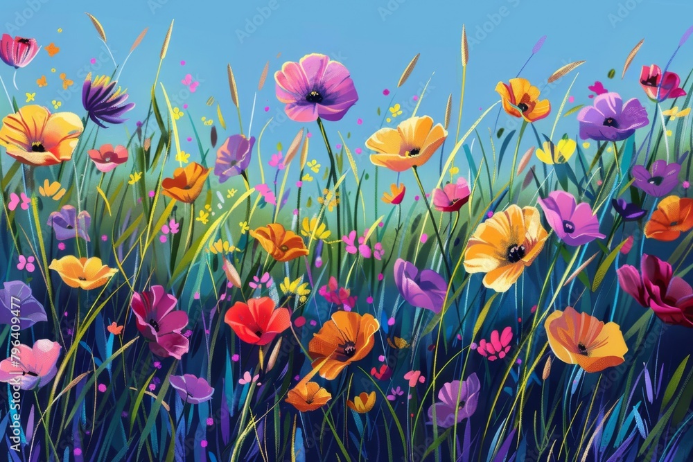 Realistic pop art meadow in full bloom, vibrant wildflowers, bold colors, stylized grass blades, yet realistic textures Realistic pop art meadow in full bloom, vibrant wildflowers, bold colors, stylized grass blades, yet realistic textures
