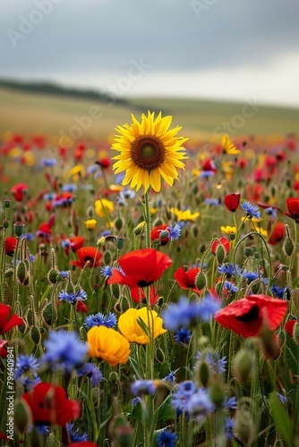 A vast field of cornflowers, poppies and bluebells with one sunflower in the middle, summer photography. © Nica