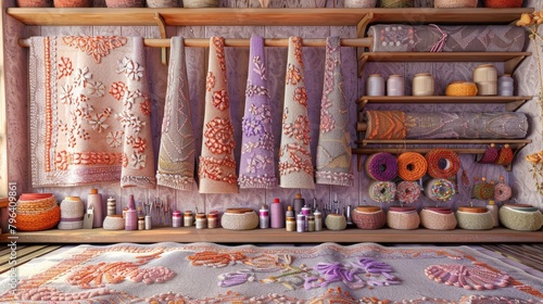 An array of artisan embroidery textiles and craft supplies on shelves, showcasing vibrant colors and intricate needlework.