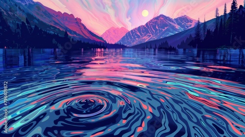 Realistic pop art rendition of a crystal-clear mountain lake, vibrant reflections, stylized ripples, and smooth textures