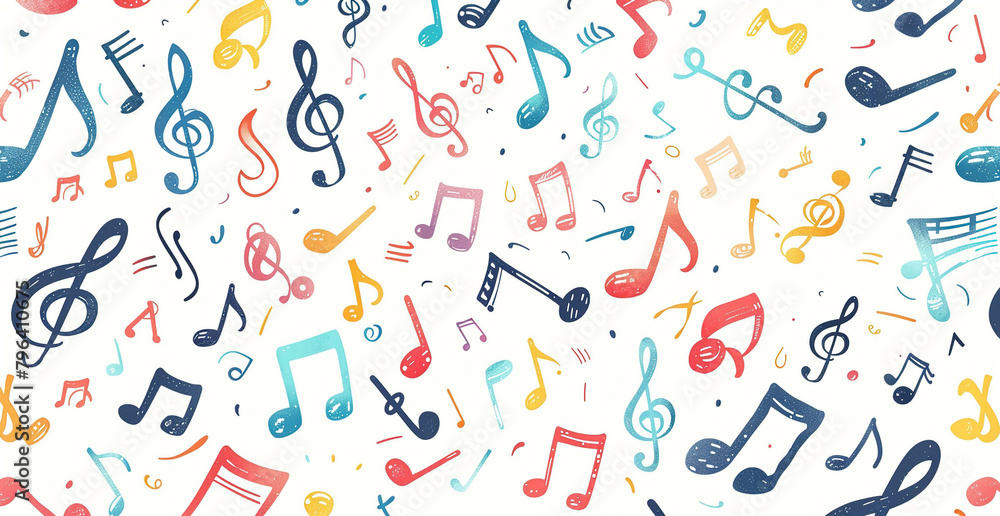 A pattern of cartoon music notes, various symbols and clefs, musical and whimsical, on a white background. A pattern of cartoon music notes, various symbols and clefs, musical and whimsical, on a white background.