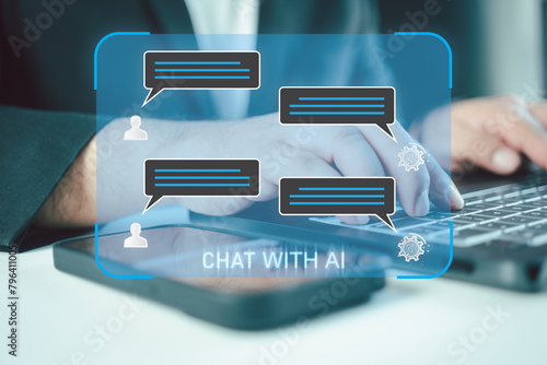 Chatbot chat AI concept. Businessman using AI smart robot technology chatting with chat bot, Chat with AI or Artificial Intelligence technology. © Dontree