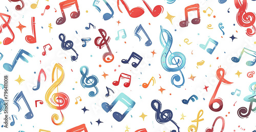 A pattern of cartoon music notes, various symbols and clefs, musical and whimsical, on a white background.