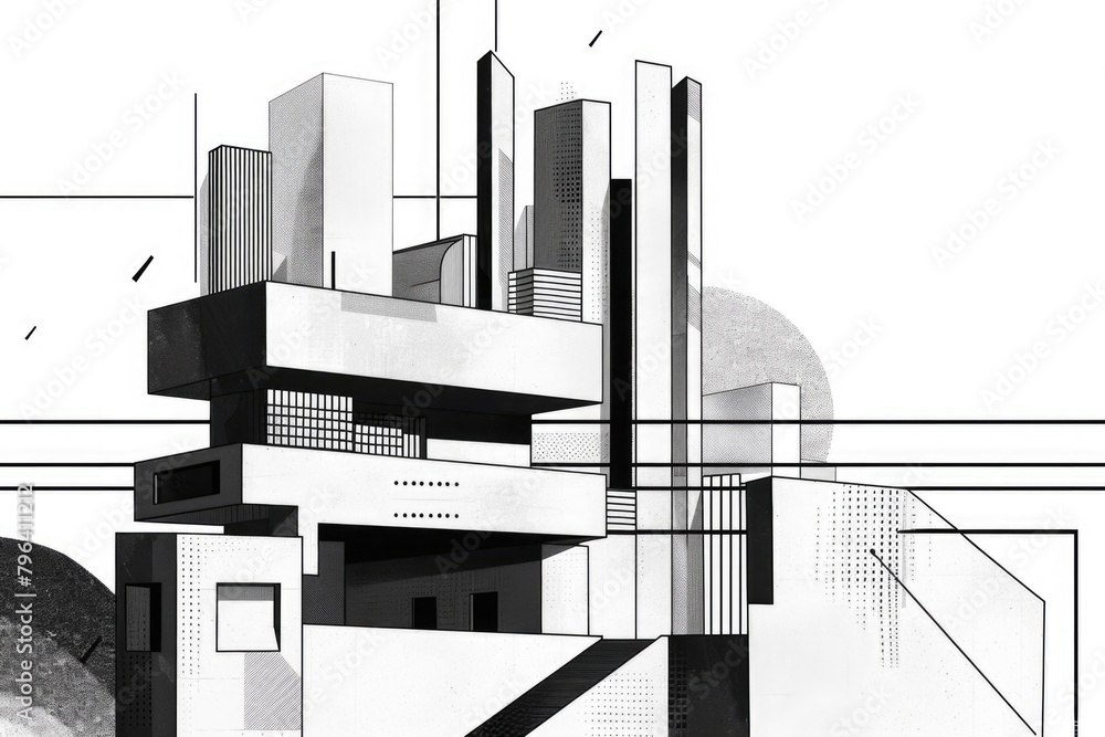 Simple black and white drawing of a building, suitable for architectural projects