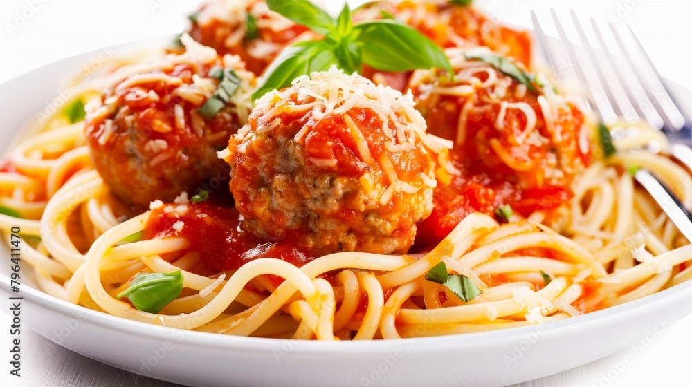 Heart-healthy Spaghetti and Meatballs setup, whole wheat pasta with turkey meatballs, draped in a vegetable-rich tomato sauce, ideal for nutritious diets, isolated background Heart-healthy Spaghetti and Meatballs setup, whole wheat pasta with turkey meatballs, draped in a vegetable-rich tomato sauce, ideal for nutritious diets, isolated background