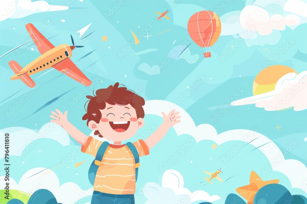 A boy flying a kite in the sky, perfect for outdoor activities promotion A boy flying a kite in the sky, perfect for outdoor activities promotion