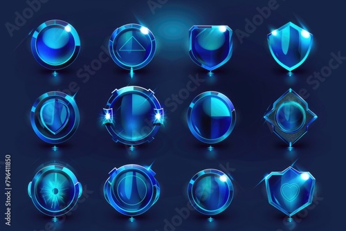Set of blue glass buttons on a dark background. Perfect for website design photo