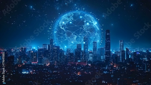 Connecting Global Cityscapes at Night with G Digital Network Technology. Concept Global Cityscapes, Night Photography, Digital Network Technology, Urban Landscapes, Connectivity