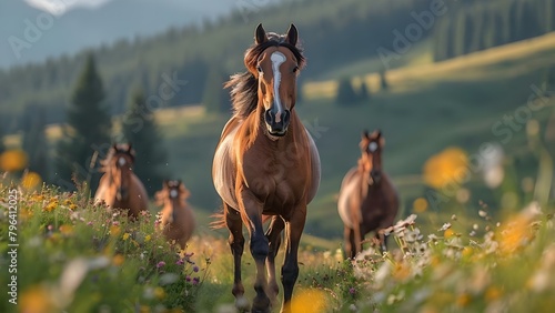 Roaming Wild: Horses Galloping Through Blooming Meadows and Sunny Mountains. Concept Nature Photography, Wild Horses, Blooming Meadows, Sunny Mountains, Roaming Wild