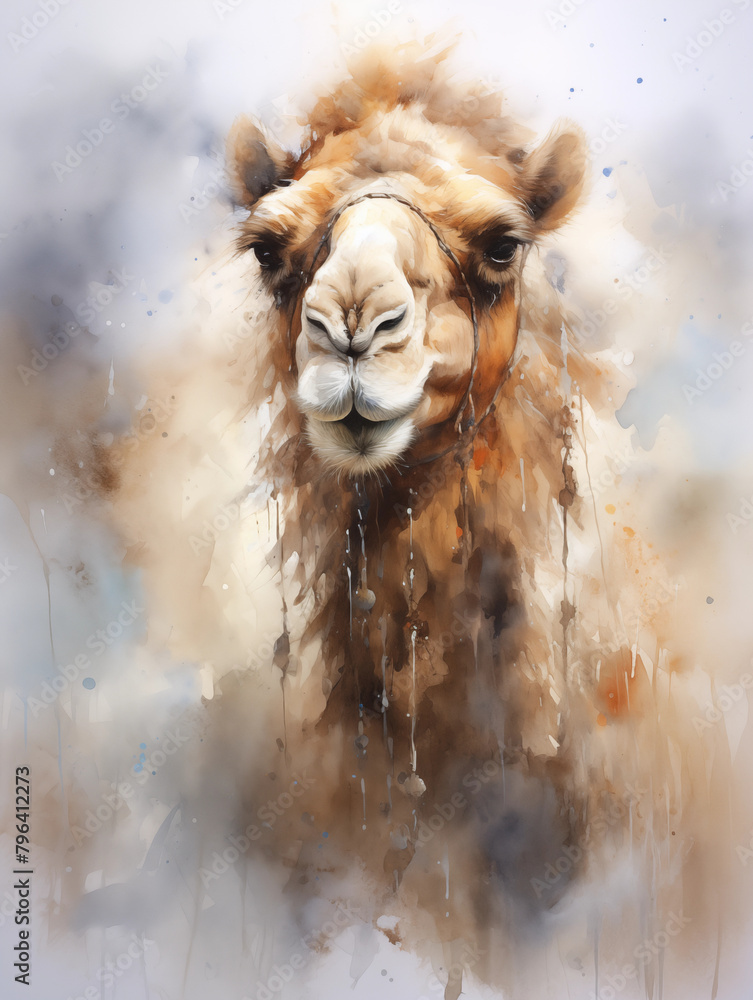 Fototapeta premium portrait of a camel on a watercolor background, watercolor painting