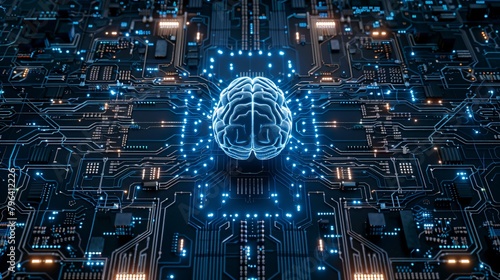 Center of futuristic circuit board adorned with glowing cybernetic brain and neural network photo