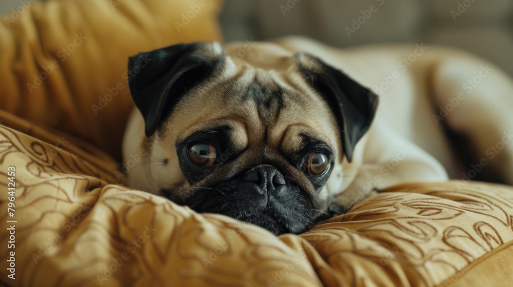 A cute pug dog relaxing on a pillow on a comfortable couch. Suitable for pet lovers or home decor concepts