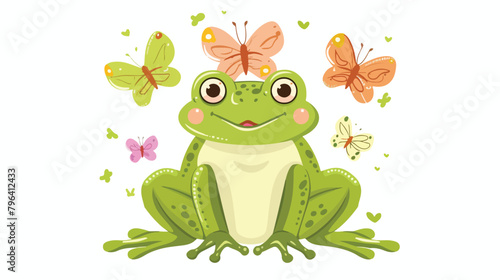 Cute frog with butterfly on head. Funny happy kawaii