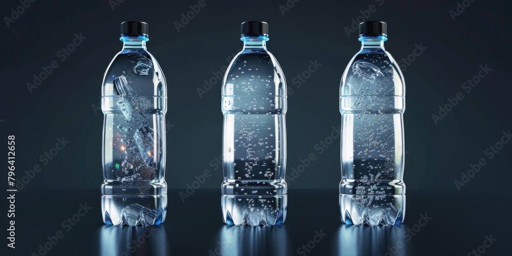 Three bottles of water on a table, suitable for various concepts