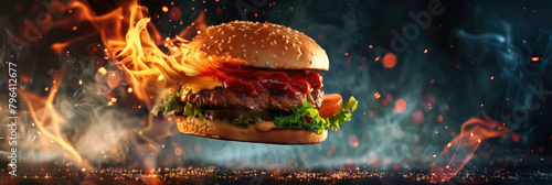  A realistic cheeseburger on fire with flames and exploding particles.