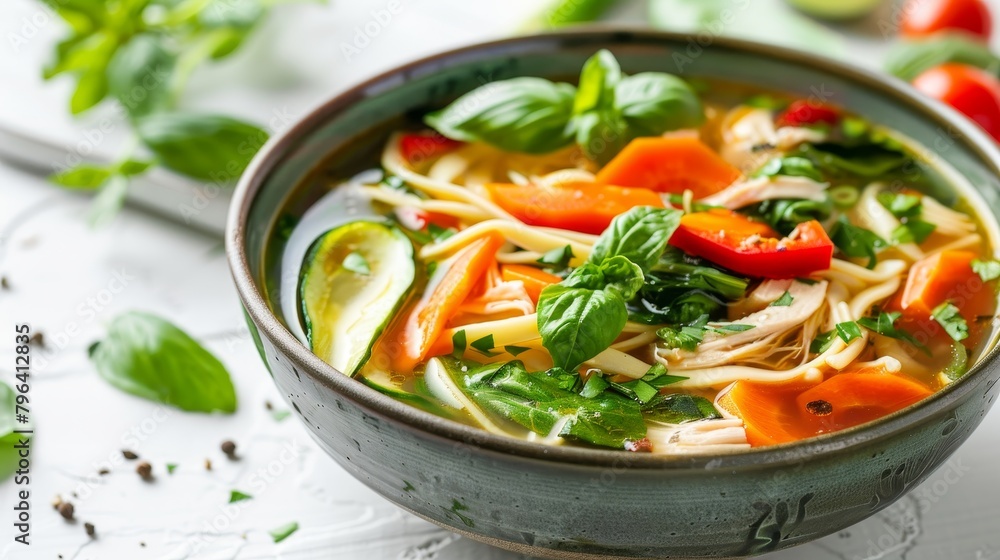 Healthy and inviting top shot of Chicken Noodle Soup, featuring fresh vegetables and whole wheat noodles in a savory low-sodium broth, isolated on white, studio lighting