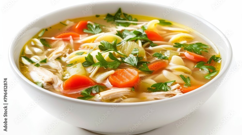 Healthy and inviting top shot of Chicken Noodle Soup, featuring fresh vegetables and whole wheat noodles in a savory low-sodium broth, isolated on white, studio lighting