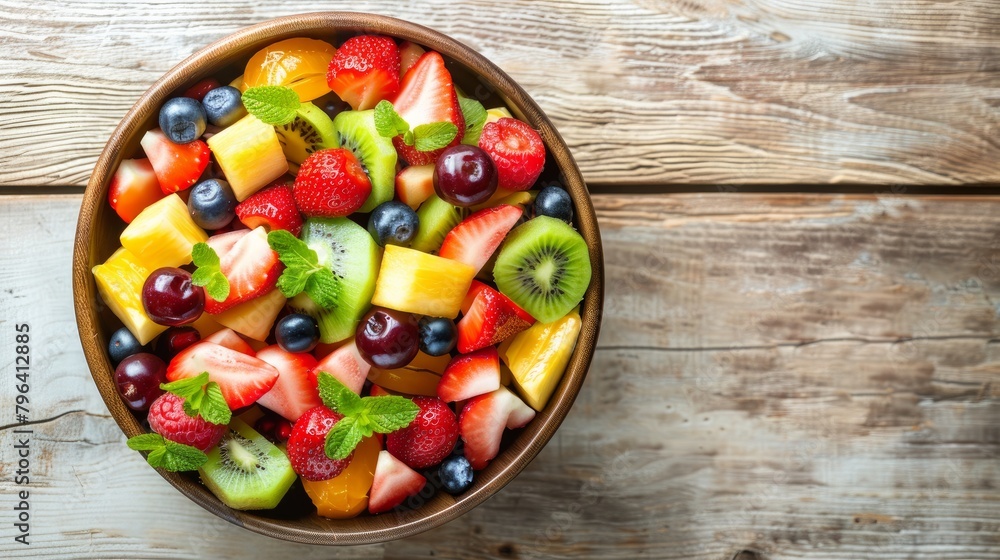 Bowl of healthy fresh fruit salad on wooden background. Top view. Bowl of healthy fresh fruit salad on wooden background. Top view.