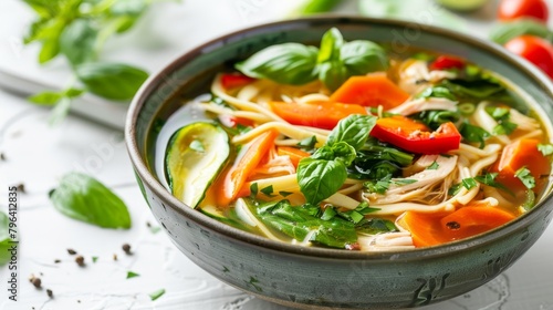 Healthy and inviting top shot of Chicken Noodle Soup, featuring fresh vegetables and whole wheat noodles in a savory low-sodium broth, isolated on white, studio lighting