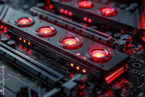 Close up of a computer motherboard with red LED lights, perfect for technology concepts