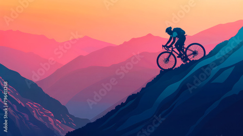 Sunset Cycle Climb. Silhouette of a cyclist ascending a steep mountain trail against a vibrant sunset gradient, embodying determination and solitude. photo