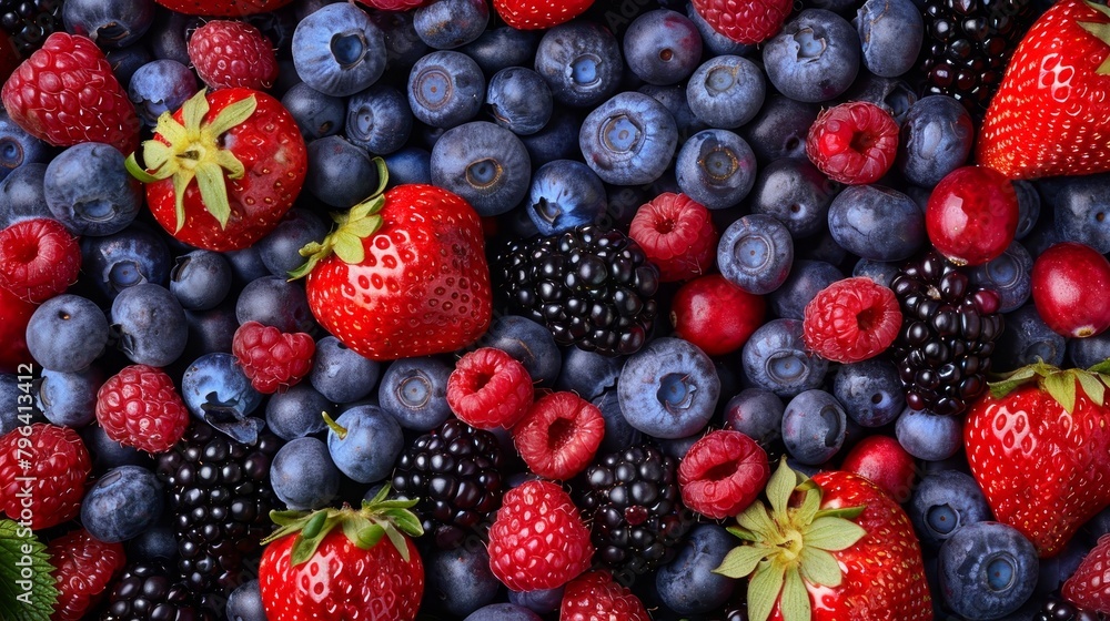 Healthful top view of a colorful berry mix: blueberries, strawberries, raspberries, blackberries, cranberries, perfect for nutrition ads, isolated setting Healthful top view of a colorful berry mix: blueberries, strawberries, raspberries, blackberries, cranberries, perfect for nutrition ads, isolated setting