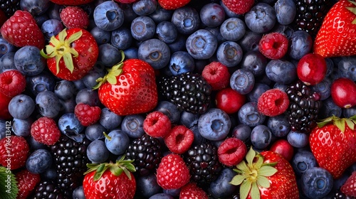 Healthful top view of a colorful berry mix: blueberries, strawberries, raspberries, blackberries, cranberries, perfect for nutrition ads, isolated setting